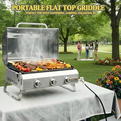 ONLYFIRE GRILLS Tabletop Gas Griddle 3 Burners, Propane Gas Stove, GS309