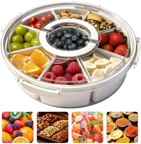 Round Divided Serving Tray with Lid and Handle, 9 Compartments Snackle Box Container for Party, Large Serving Platter Storage Organizer for Picnic, Travel, Camping Essentials