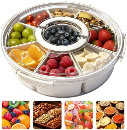 Round Divided Serving Tray with Lid and Handle, 9 Compartments Snackle Box Container for Party, Large Serving Platter Storage Organizer for Picnic, Travel, Camping Essentials
