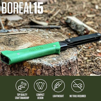 AGAWA - BOREAL15-15 Inch Folding Saw with All-Purpose Saw Blade - Camping Gear For Hiking, Fishing, Hunting, Bushcraft & Survival Kit (Black Frame/Green Handle)