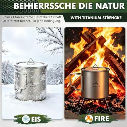 THTYBROS Titanium Cup Ultralight Camping Mug with Foldable Handle & Lid, Pure Titanium Cookware for Outdoor Hiking, Backpacking, Picnic, and Campfire