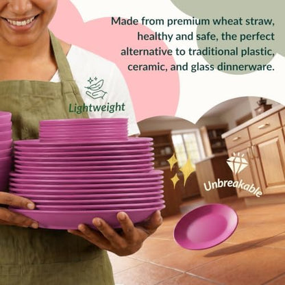 40-Piece Kitchen Plastic Wheat Straw Dinnerware Set, Dish Set for 8, Dinner Plates, Dessert Plate, Cereal Bowls, Cups, Appetizer Plates,Unbreakable Plastic Outdoor Camping Dishes,Pink