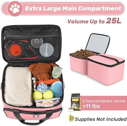6 Set Dog Travel Bag, Large Pet Travel Kit for Supplies, Pink