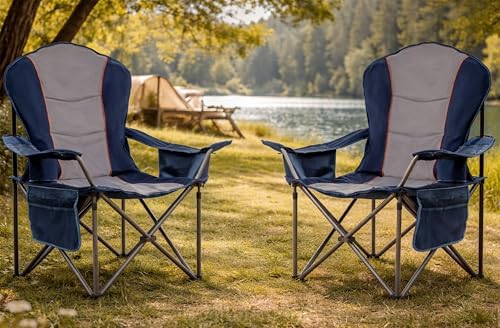 2 Pack Folding Camping Chairs for Adults - High Back Padded Outdoor Lawn Chairs with Lumbar Support & Cup Holder, 500lbs Heavy Duty Portable Camping Chairs Set (Blue & Gray, 2 PCS)