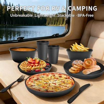 40 Piece Plastic Dinnerware Set for 8 with Cutlery, Unbreakable Plates and Bowls Set, Dishwasher & Microwave Safe Reusable Dish Set for Camping, RV, Outdoor Kitchen, Apartment Dining,Rainbow Multicol