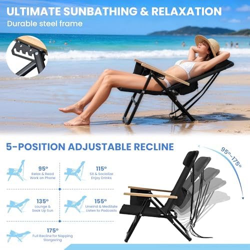 2 Pack Premium 5-Position Reclining Camping Chair - Portable Folding Lightweight Outdoor Chair with Wooden Armrests, Headrest & Pockets, 350lbs Heavy Duty for Beach, Patio, Backyard, Black