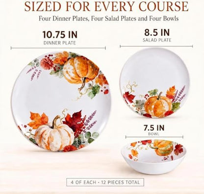 Melamine Dinnerware Set for 4, 12-Piece Pumpkin Plates and Bowls, BPA-Free
