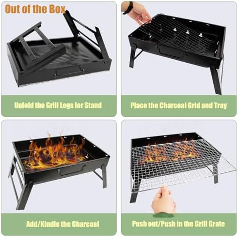 Portable Charcoal Grill for Camping Small Tabletop BBQ Grill for Picnic Trip Foldable Lightweight Barbeque Grill Set Including Tongs Gloves Scrubber (17''x12'')