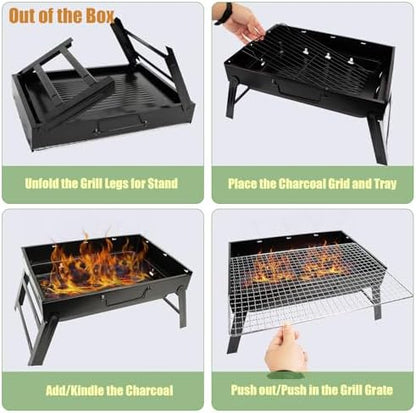 Portable Charcoal Grill for Camping Small Tabletop BBQ Grill for Picnic Trip Foldable Lightweight Barbeque Grill Set Including Tongs Gloves Scrubber (17''x12'')