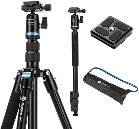 Fotopro 73" Camera Tripod, Aluminum Compact Travel Tripod and Monopod with 360° Ball Head Quick Release Plate, Professional Camera Tripod for DSLR, A4I A5I (Blue, 73 Inch)