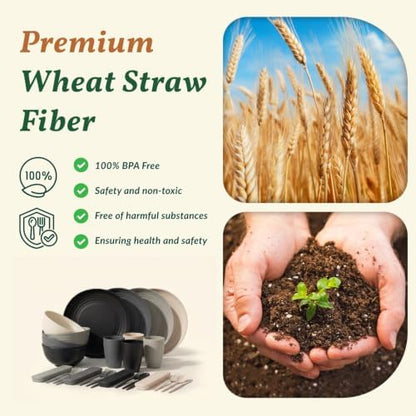 Homienly 28 Pcs Wheat Straw Dishes Sets Plates and Bowls Sets With Utensils
