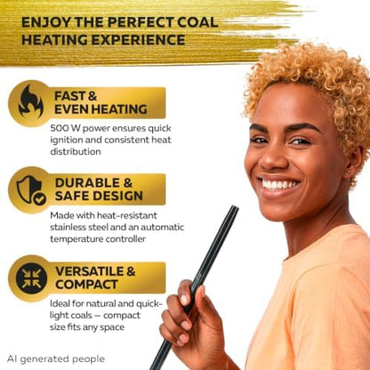 PRO Hookah Coal Burner for Hookah Cubes 500W with grid – BLACK HEAT Charcoal Burner Electric for Shisha with grill & FREE Hooka Tongs - Strong Durable 304 Steel Coil