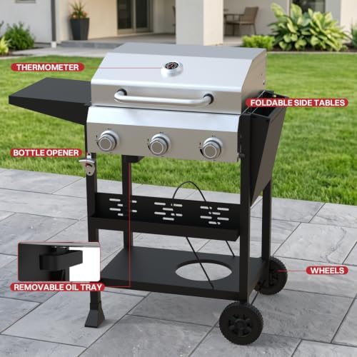 3 Burner Propane Gas Grill, 36000 BTU BBQ Grill with Lid & Wheels