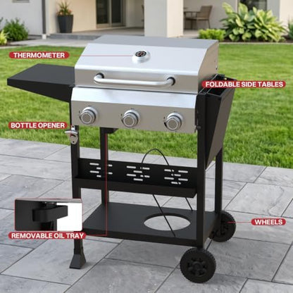 3 Burner Propane Gas Grill, 36000 BTU BBQ Grill with Lid & Wheels