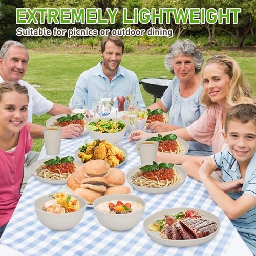 12pcs Wheat Straw Dinnerware Sets, Kitchen Unbreakable Wheat Straw Plates and Bowls Sets for College Dorm Apartment Reusable Beige