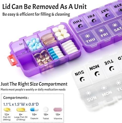 Foldable Portable 7 Day Pill Organizer 2 Times a Day, AM PM Weekly Pill Box