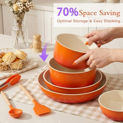 GIPP Pots and Pans Set Non Stick,Kitchen Cookware Set Detachable Handle, Non Toxic Cooking Pan Set with Frying Pans Set,RV Cookware Sets for All Stoves, Orange Gradient, 21PCS