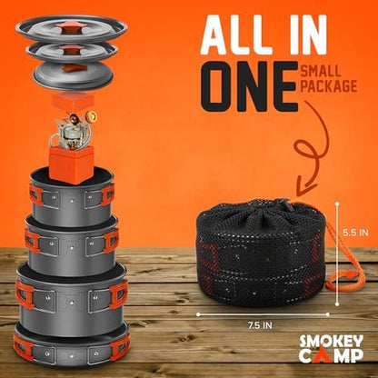 Smokey Camp Camping Cookware Mess Kit Set with Stove - Backpacking Camping Pots and Pans Set, All in One Non-Stick Camping Cooking Set, Portable Stove, Hiking, Picnic, Outdoor & Camping Cookware Set