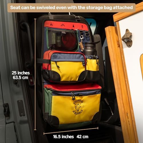 Living in a Bubble Seat back Organizer – Magnetic Toiletry and Cooler Pouch, Cordura Car Backseat Storage with Device Holder & Hooks, Multi-Compartment Utility Bag for Campervans & Family Travel