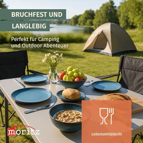 Moritz Camping Tableware Made of Melamine for 4 People, 12 Pieces, Dishwasher Safe, Picnic Crockery Set, Crockery Camping Tableware, Stone Blue Design