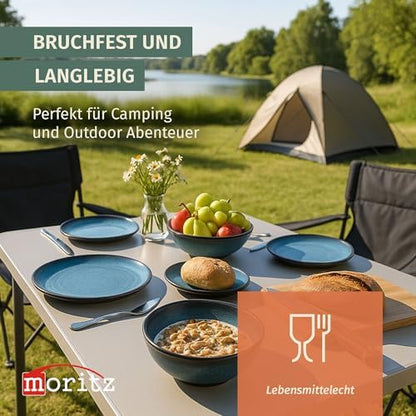 Moritz Camping Tableware Made of Melamine for 4 People, 12 Pieces, Dishwasher Safe, Picnic Crockery Set, Crockery Camping Tableware, Stone Blue Design