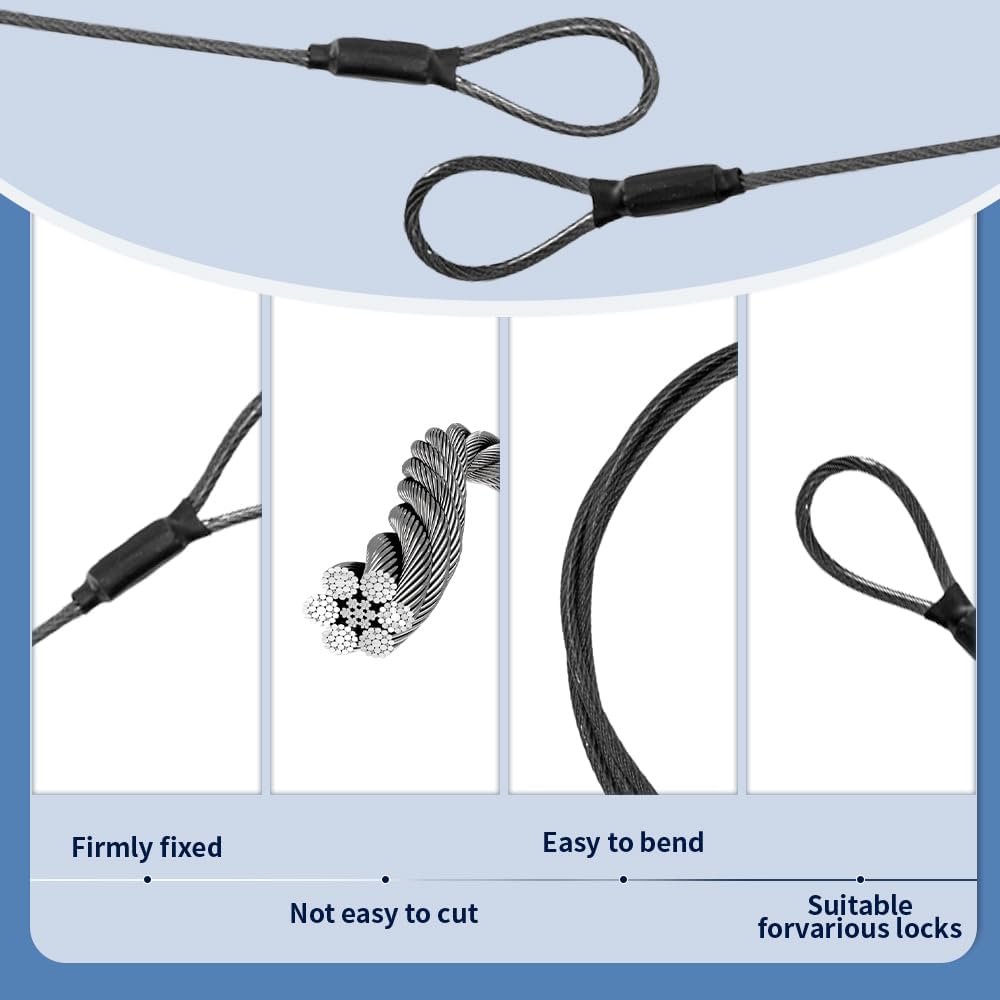 3.3mm (1/8 Inch) Outdoor Travel Stainless Steel Security Cable-4ft Luggage Lock Safety Wire Flexible Steel Wire Rope with Double Loop Safety for Luggage, Bike, Lock(Balck+Red, 4ft-(2Pack)