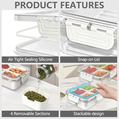 Small Snackle Box Container, Divided Serving Tray with Lid, 4 Compartment Snack Box Container for Candy, Fruits, Charcuterie, Travel & Parties, BPA-Free, 2 Pack