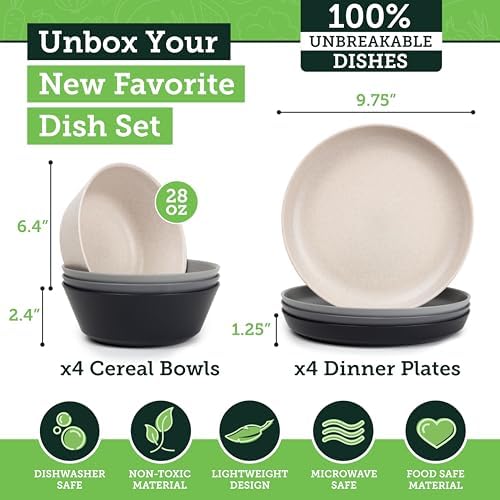 Grow Forward Premium Wheat Straw Plates and Bowls Sets - 8-Piece Wheat Straw Dinnerware Sets - Unbreakable & Reusable Microwave Safe Plastic Dinner Plates for Outdoors, RV, Camping Dishes - Moonlight