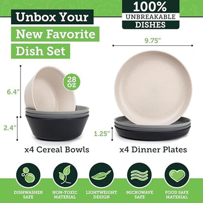 Grow Forward Premium Wheat Straw Plates and Bowls Sets - 8-Piece Wheat Straw Dinnerware Sets - Unbreakable & Reusable Microwave Safe Plastic Dinner Plates for Outdoors, RV, Camping Dishes - Moonlight