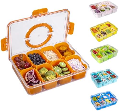 WACOI Divided Snack Serving Tray with Lid and Handle Travel Snackle Charcuterie Container Portable Storage Organizer for Candy, Fruits, Nuts, Snacks, Party, Picnic (1pack, Orange)