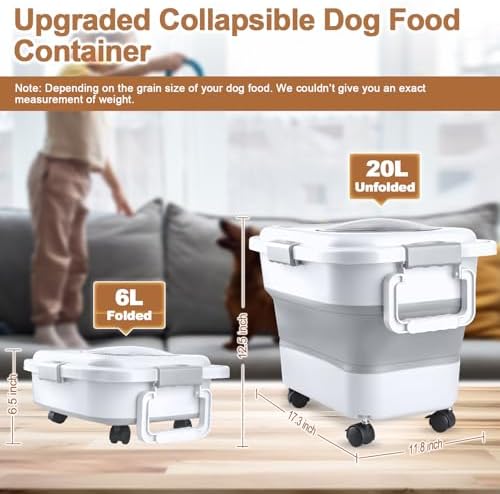 Dog Food Storage Container, 10-20 lbs Airtight Collapsible Cat Food Storage Container with Attachable Wheels, Portable Handle, Dog Food Scoop for Dog Cat Bird Pet Dry Food Storage Bin Light Grey