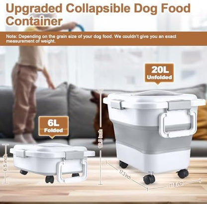 Dog Food Storage Container, 10-20 lbs Airtight Collapsible Cat Food Storage Container with Attachable Wheels, Portable Handle, Dog Food Scoop for Dog Cat Bird Pet Dry Food Storage Bin Light Grey