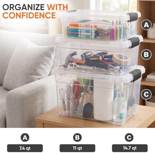 Superio 14.7 Quart Clear Plastic Storage Boxes with Lids, Stackable Organizer Containers, BPA-Free Storage Bins for Home, Office, School & Dorm, 4 Pack