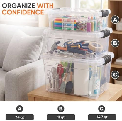 Superio 14.7 Quart Clear Plastic Storage Boxes with Lids, Stackable Organizer Containers, BPA-Free Storage Bins for Home, Office, School & Dorm, 4 Pack