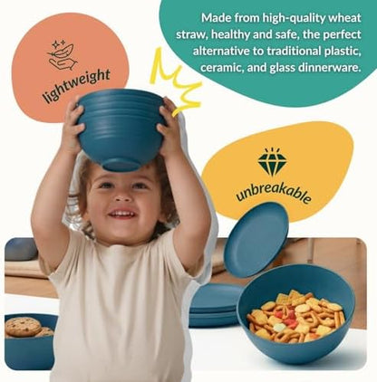 Homienly Wheat Straw Dinnerware Sets for 8, 40 Pcs Unbreakable Plates and Bowls Sets, Microwave Dishwasher Safe Dish Set, Reusable Plastic Dishes for Kitchen, Camping, Deep Plates for Salad (Blue)