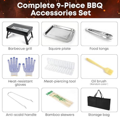 Portable Folding Charcoal Grills, 13.7“x8.7"7.5" Small Camping Campfire Grill, Barbecue Grill for Outdoor Travel Backyard Picnic Beach, with 8-Piece BBQ Accessories