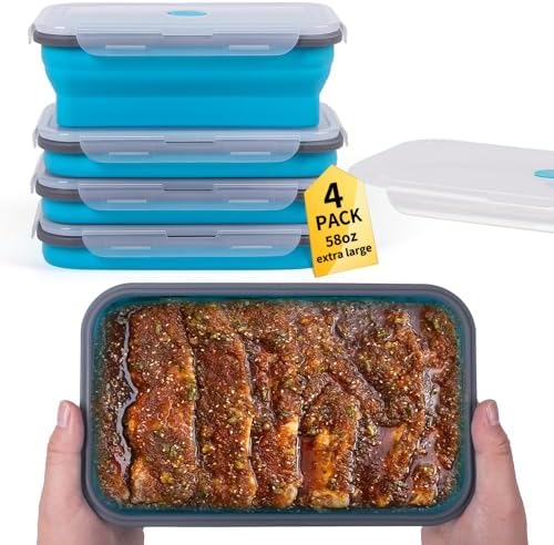 Extra Large Collapsible Food Storage Containers with Lid & Air Vent, 58 oz, 4 Pack, XL Collapsible Marinade Container with Lid Foldable Silicone Containers, Microwave Freezer Dishwasher Safe, Blue