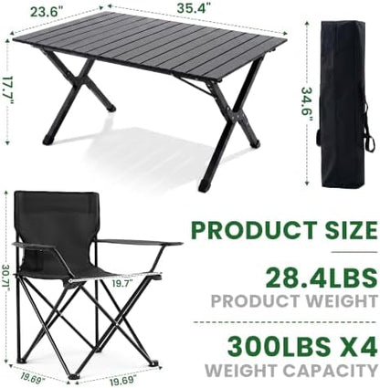 4 Pack Folding Camping Chairs with Table Set, Foldable Portable Lawn Chairs with Carry Bag & Cup Holder, Outdoor Table and Chairs for Camp,Beach, Picnics,and Fishing Supports 300LBS（Black）