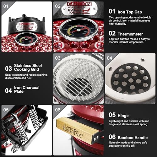 London Sunshine Ceramic BBQ Charcoal Kamado Grill 13 inch Portable Tabletop BBQ Grill with Stainless Steel Grates, pearlescent red