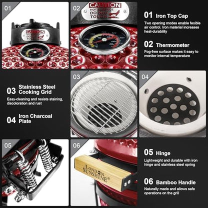 London Sunshine Ceramic BBQ Charcoal Kamado Grill 13 inch Portable Tabletop BBQ Grill with Stainless Steel Grates, pearlescent red