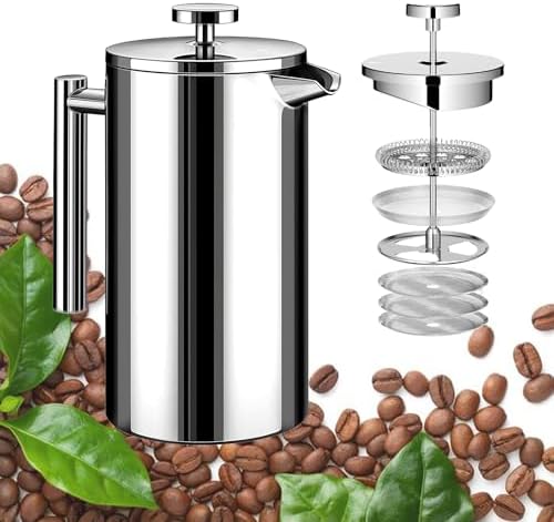Small French Press Stainless Steel Coffee Maker 21oz(3 Cups), Double Wall Insulated for Hot& Cold Brew, Compact Coffee& Tea Press for Camping, Office, Travel with 3 Ultra-Fine Filters & Spoon- Silver