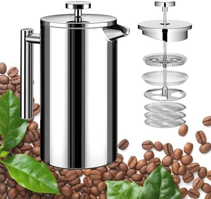 Small French Press Stainless Steel Coffee Maker 21oz(3 Cups), Double Wall Insulated for Hot& Cold Brew, Compact Coffee& Tea Press for Camping, Office, Travel with 3 Ultra-Fine Filters & Spoon- Silver