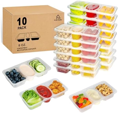 MACTANO 8 OZ Reusable Snack Containers with Lids, New 3 Compartment Condiment Snack Pack Containers 10 Sets
