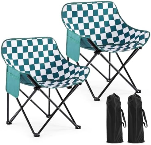 2 Pack Folding Camping Chairs Portable, Green,White, Chessboard