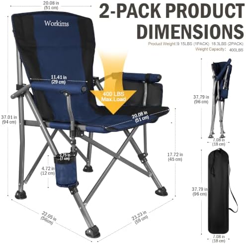 2 Pack Folding Camping Chair with Cup Holder and Storage Bag,Heavy Duty Supports 400 LBS,Portable Outdoor Chair for Camp,Lawns,Travel,Fishing,Blue