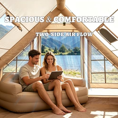 Inflatable Camping Tents with Hand Pump, Air Glamping Tents, Easy Setup Waterproof and Windproof Blow up Tent, 4 Seasons Oxford Cabin Tent with Mesh Window & Stove Jack.