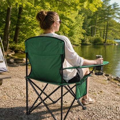 Camping Chairs for Adults, 2 Pack Heavy Duty Folding Chair with 4-Can Cooler Bag, Portable Outdoor Chair with Cup Holder, Collapsible for Tailgating, Beach, Fishing, Green