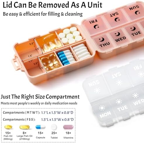 Foldable Portable 7 Day Pill Organizer 2 Times a Day, AM PM Weekly Pill Box