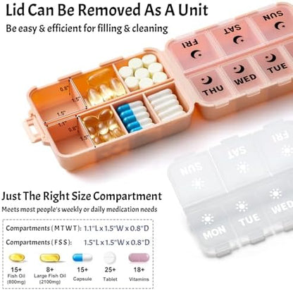 Foldable Portable 7 Day Pill Organizer 2 Times a Day, AM PM Weekly Pill Box