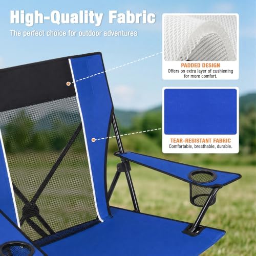 Romswi Portable Camping Chairs for Adult, Folding Outdoor Chairs with 2 Cup Holder, Folding Chair with Mesh Back for Outdoor, Fishing, Garden, 2-Pack, Blue